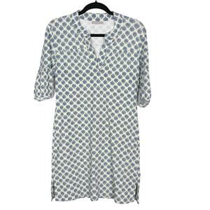 Ellie Kai 6 Blue Yellow White Trellis Paisley Print Split VNeck 3/4 Sleeve Dress